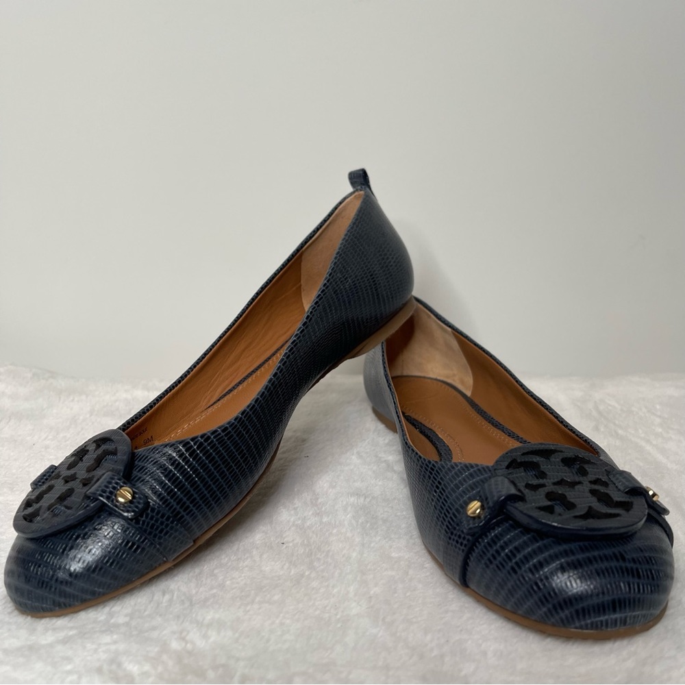 Tory Burch Navy Blue Mini Miller Flat - Matte Micro Tejus Print Size 9 - Picture 2 of 11